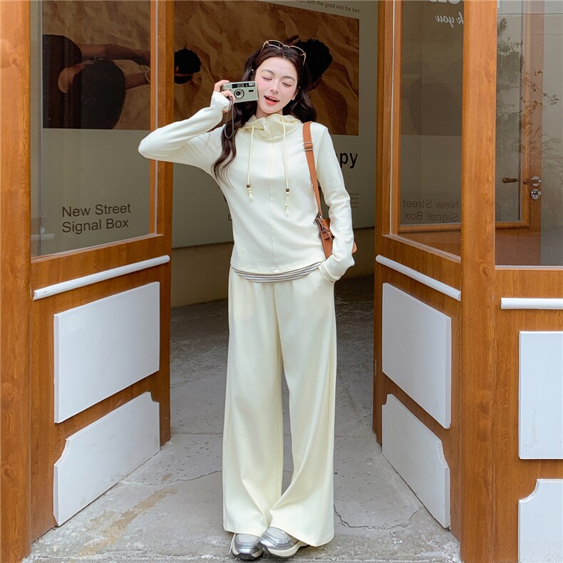 【新品】条纹拼接假两件上衣阔腿裤两件套,女装套装/套裙,2B076