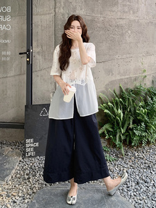 慵懒风薄纱拼接T恤套装女2025夏新款设计感宽松休闲阔腿裤两件套图片