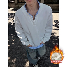 420g重磅华棉条纹假两件V领银狐绒大码卫衣W5431J加绒-特P50控98，男装卫衣，电商A001-1