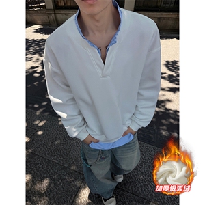 420g重磅华棉条纹假两件V领银狐绒大码卫衣W5431J加绒-特P50控98图片