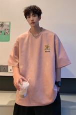 新中式2025夏装新款青少年港风宽松麂皮绒短袖T恤男装半袖S301P25，男装T恤，电商A233-1