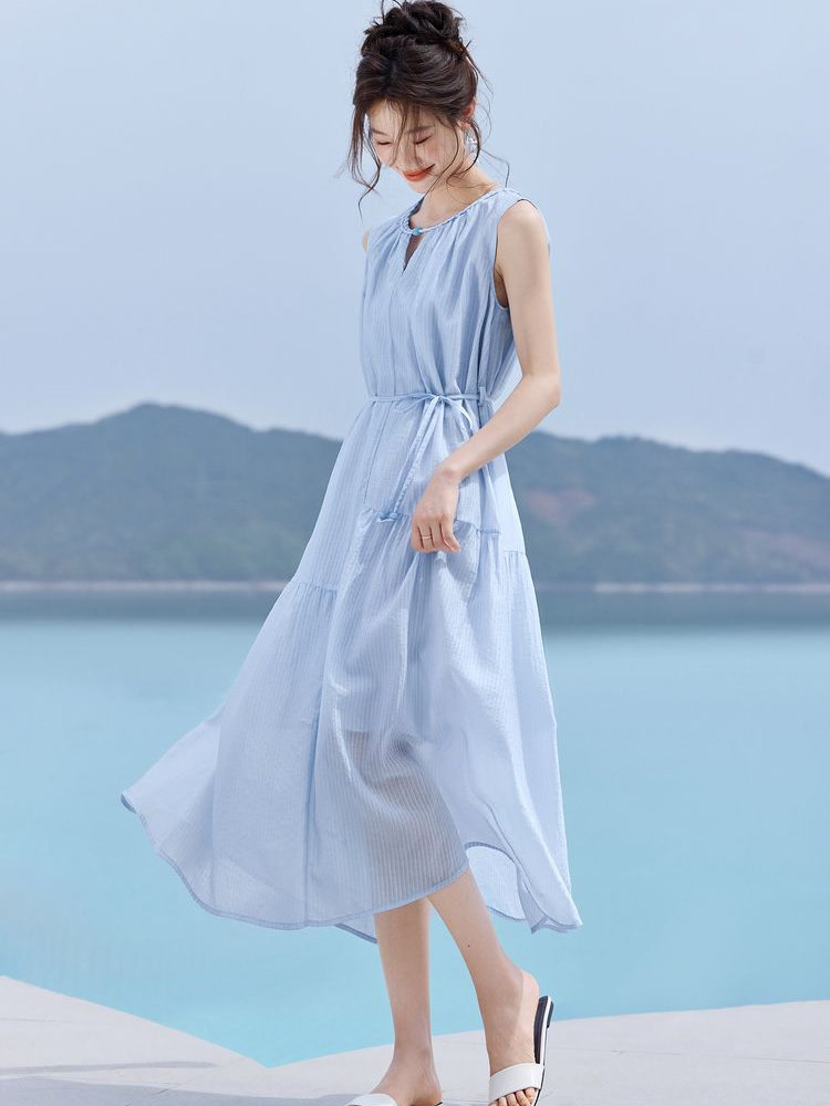 （现货）冰镇色调”收腰慵懒感长裙2025夏季新款法式茶歇连衣裙,女装连衣裙,韩蔻秀