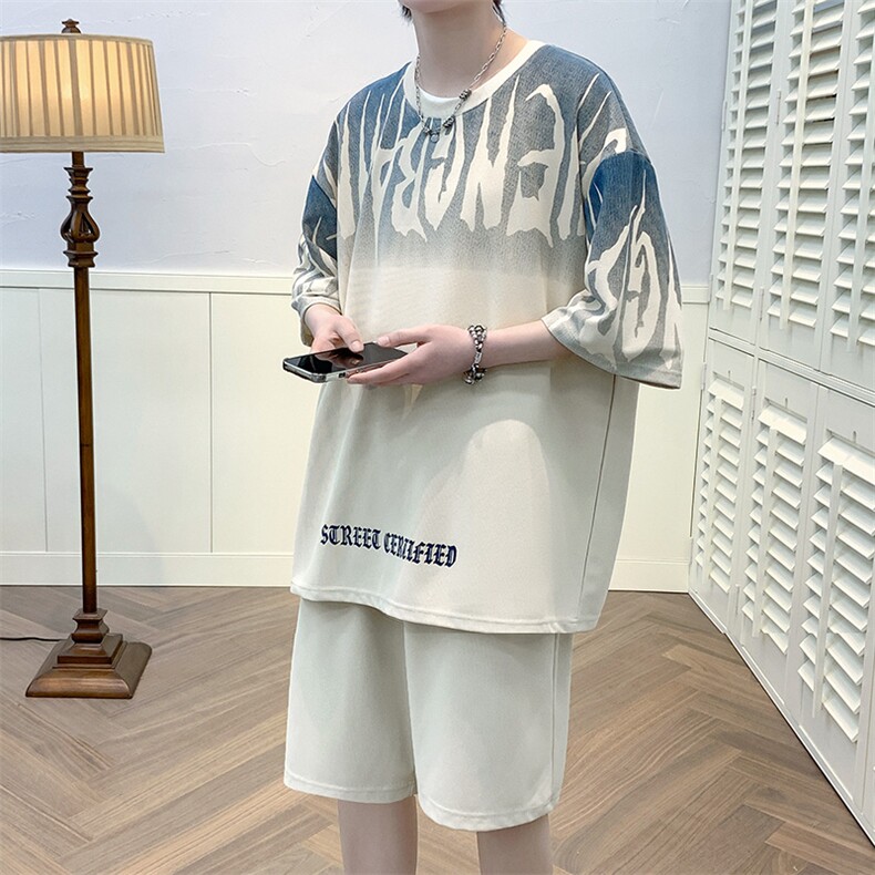 夏上新青少年潮圆领半袖套装创意印花短裤T恤男女6643-P60控价88,男装T恤,电商A441-1