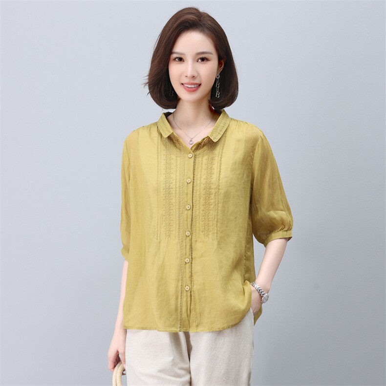 苎麻衬衫女夏季2024新款薄款宽松显瘦七分袖小衫减龄洋气妈妈上衣,女装衬衫,希欧阁