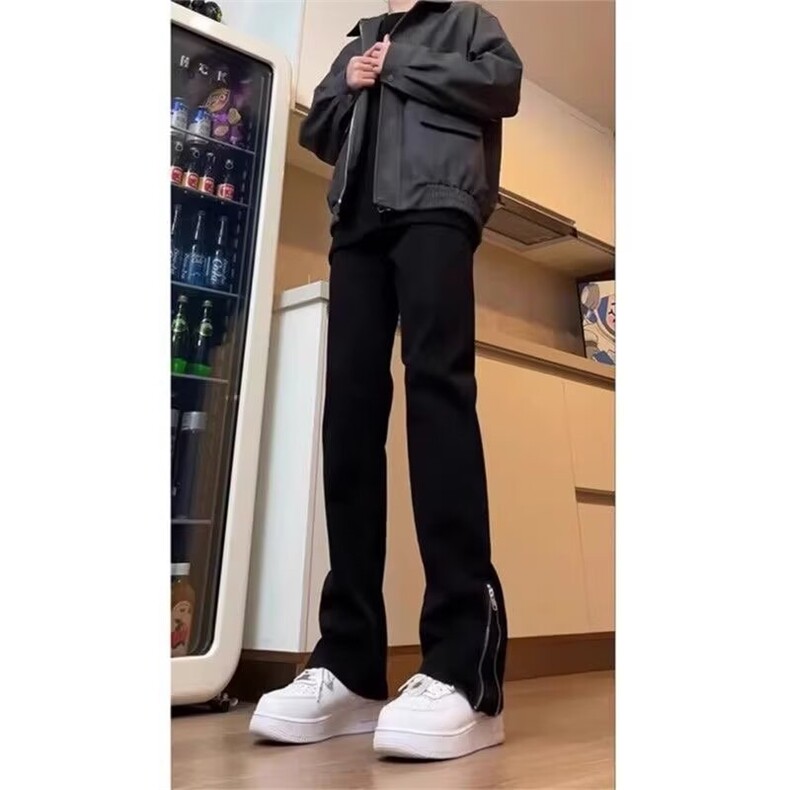 美式高街男女直筒修身侧面拉链牛仔裤加长黑色弯刀微喇裤S662 P36图片