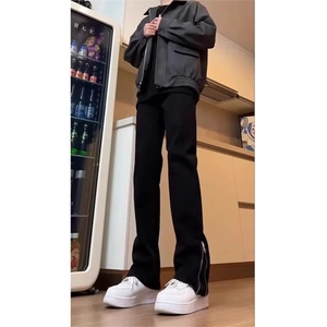 美式高街男女直筒修身侧面拉链牛仔裤加长黑色弯刀微喇裤S662 P36图片