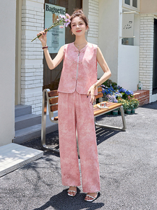现货新款休闲重工艺女夏薄款宽松小个子时尚新中式气质两件套图片