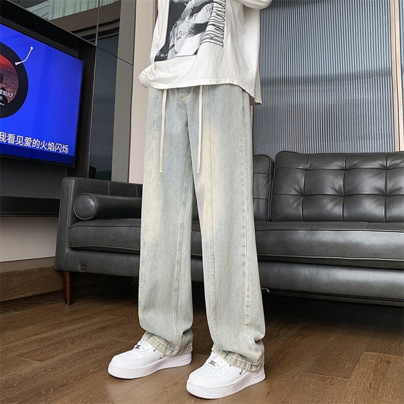 港风美式高街复古水洗阔腿拖地牛仔裤男潮XZ213-DK2000-P55控68,男装牛仔裤,星座213