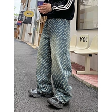 春秋季美式休闲痞帅复古提花满印牛仔裤男直筒宽松百搭阔腿长裤潮，男装牛仔裤，星座506A