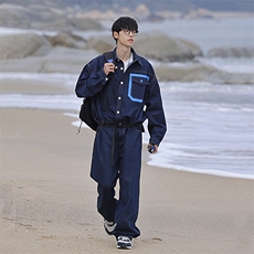 2025夏季送腰带水洗牛仔套装班服团服集体服连体衣连体服长裤，男装休闲套装，星座112A