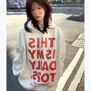 C0238-P55 美式花灰色高级感印花无口袋连帽卫衣女图片