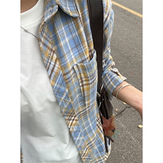 黄蓝色磨毛格子衬衫女秋季高级感慵懒风格纹衬衣美式复古长袖外套，男装衬衫，电商A086-1
