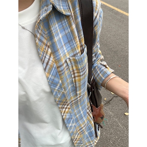 黄蓝色磨毛格子衬衫女秋季高级感慵懒风格纹衬衣美式复古长袖外套图片