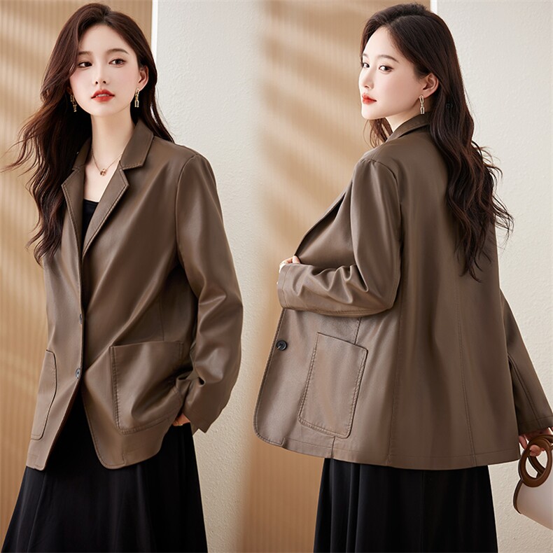 PU皮修身西服外套新款真皮皮衣女植鞣油蜡皮做旧复古皮夹克，女装皮衣，江南女神