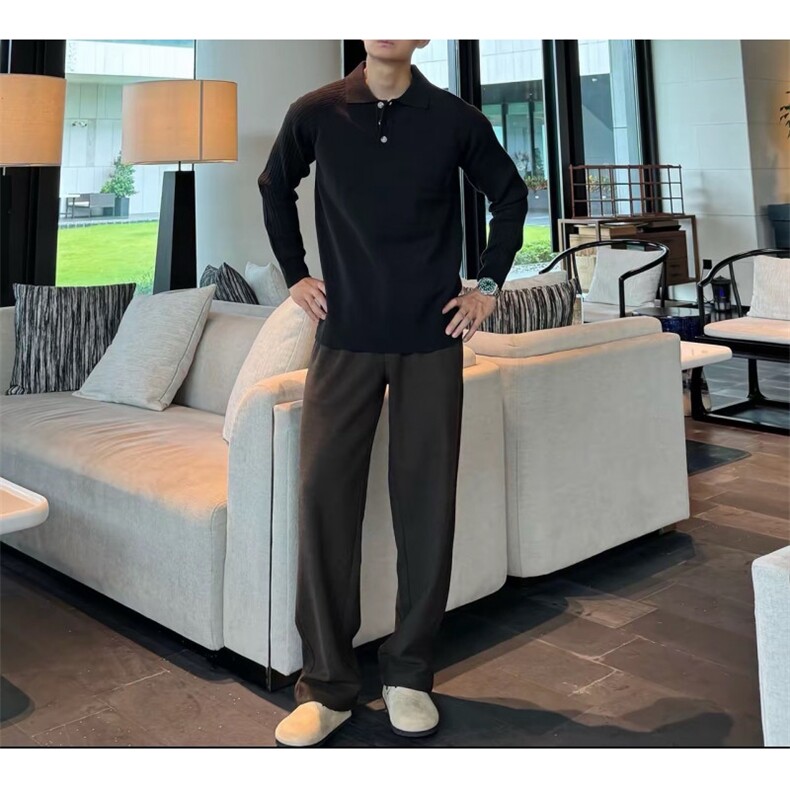 复古老钱风插肩袖竖条纹肌理感长袖针织POLO衫C67082/P65，男装Polo衫，电商A243