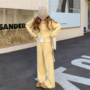 奶盐系黄色休闲运动套装女2025年春秋季新款加厚卫衣阔腿裤两件套图片