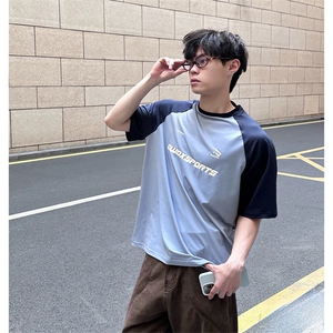 抖音得物供货240克宽松纯棉美式潮牌印花插肩袖拼接短袖T恤AT1521图片