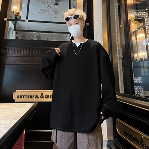 慵懒风长袖t恤男生冬季纯色潮牌穿搭宽松大码春秋小v领内搭打底衫图片