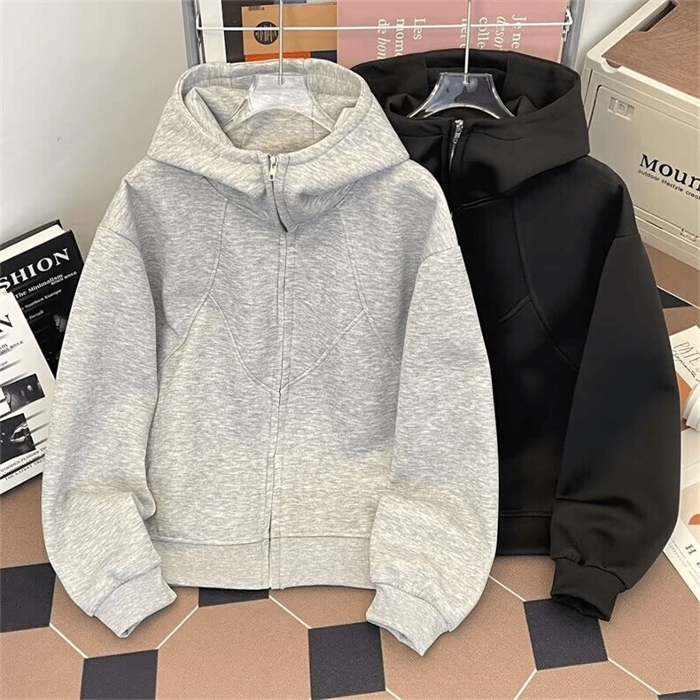 抖音得物高品质二开26春装美式高街重磅结构高领连帽卫衣外套W62，女装短外套，电商A486
