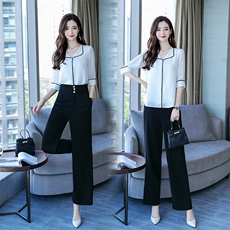 高级美容院工作服女职业气质休闲套装薄款阔腿裤白衬衫上衣黑裤子，女装套装/套裙，海爱依仁