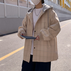 F6018/P80春装新款格子外套风衣男连帽宽松韩版中长款男上衣控118图片