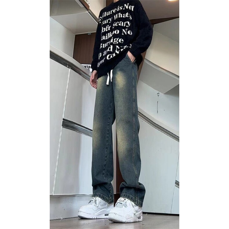 美式ins高街hiphop抽绳松紧腰重工业水洗牛仔裤货号K2330P45控68,男装牛仔裤,电商A063