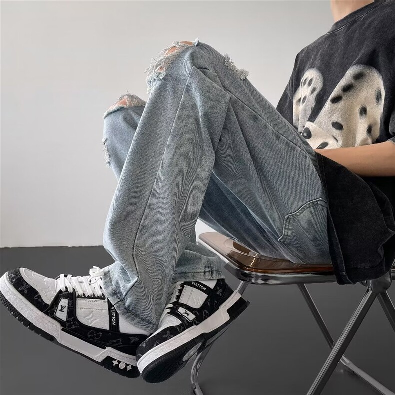 破洞牛仔裤男款潮牌夏季美式高街vibe直筒修身微喇裤休闲裤子,男装牛仔裤,星座601-2