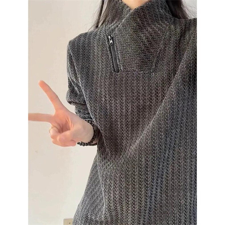 高品质春装新款老钱风美式高街鱼骨纹斜拉链解构高领卫衣长袖t恤,男装T恤,电商A486-1