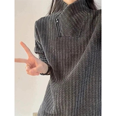 高品质春装新款老钱风美式高街鱼骨纹斜拉链解构高领卫衣长袖t恤，男装T恤，电商A486-1