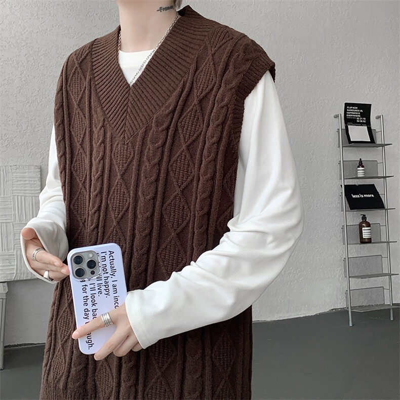 韩系叠穿复古麻花针织衫马甲男学院风早秋穿搭上衣服背心9097P58图片