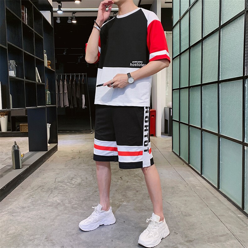 夏季短裤短袖T恤套装男宽松圆领纯棉T恤两件装F214P58,男装休闲套装,电商A086