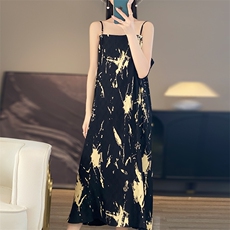 水墨画复古吊带连衣裙女2025年春夏新款气质方领无袖缎面印花长裙，女装连衣裙，佳绒高端店