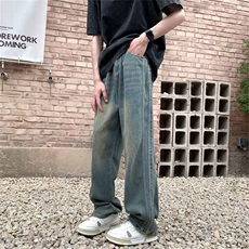 美式高街做旧复古蓝直筒牛仔裤男ins潮牌百搭宽松长裤RK708-P45，男装牛仔裤，星座412-3