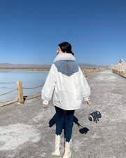 『现货』牛仔拼接派克羽绒服可拆卸，女装羽绒服，百妹仟红