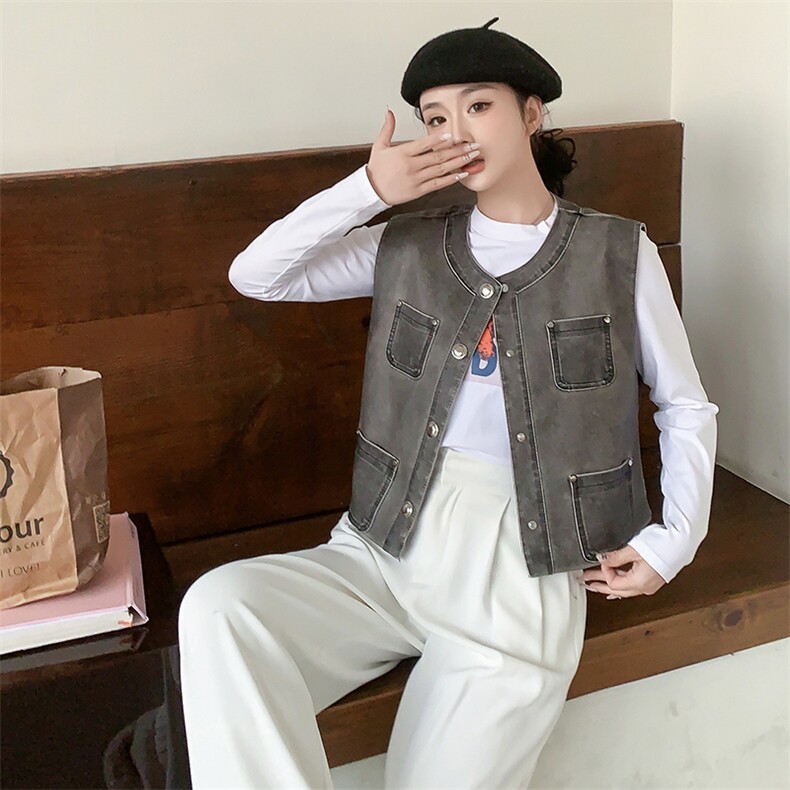 2024春装新款率性气质感多口袋皮马甲,女装皮衣,美拉德工厂直营店