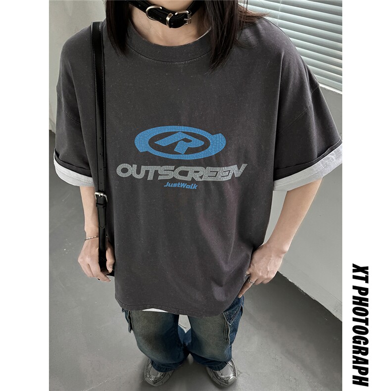 夏季260克美式复古做旧情侣印花短袖T恤中性上衣男女潮D346P38,男装T恤,电商A335-1（原A458）