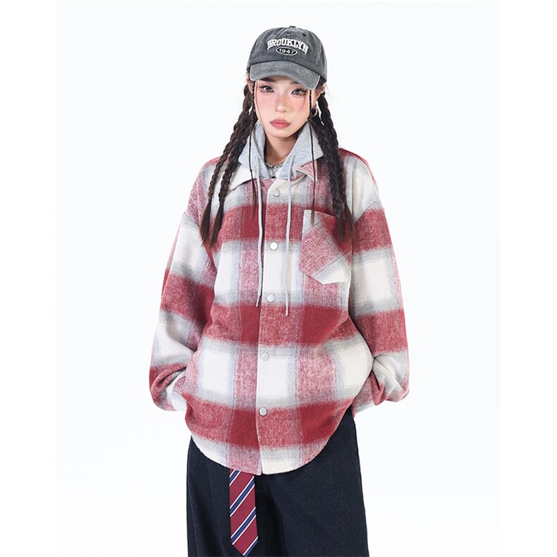 潮宽松连帽格子假两件情侣长袖外套XZ402-2-P78控108-JK2506货足,女装短外套,星座402-2