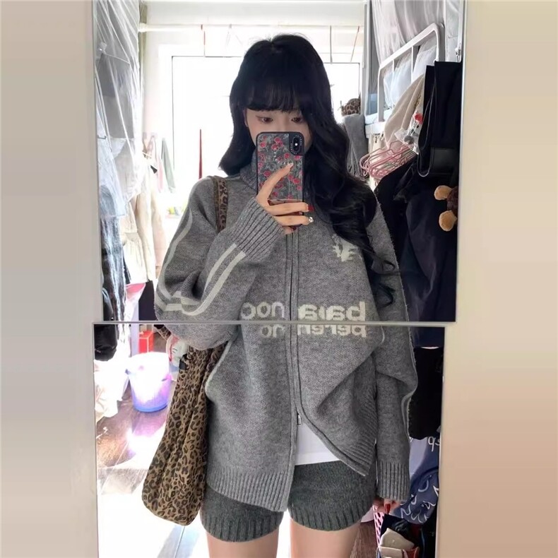 美式潮牌学院风徽章拼接开衫毛衣秋冬男女条纹立领针织棒球服外套,男装针织衫/毛衣,四季星座505