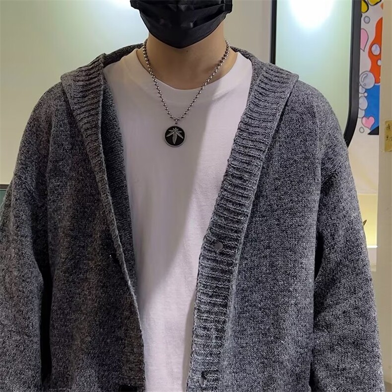 深灰色针织开衫毛衣男秋季潮牌美式连帽上衣休闲外套855/P55,男装针织衫/毛衣,星座506