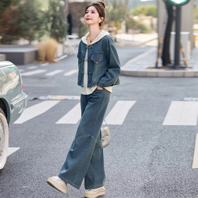 卫衣休闲牛仔套装女春装2025年新款时尚超火减龄洋气阔腿裤三件套,女装套装/套裙,欣品汇