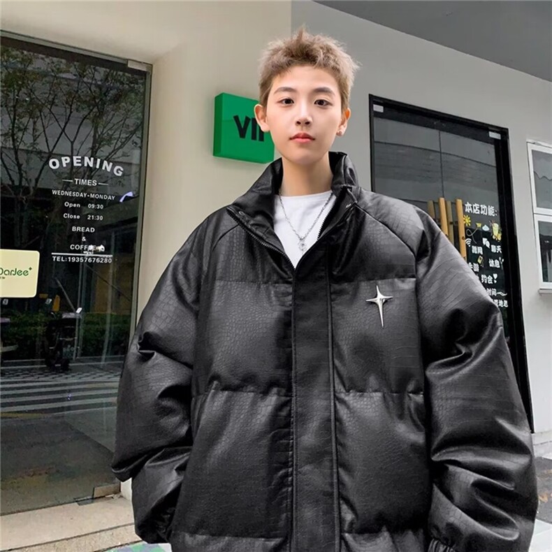 字母PU皮立领棉服男款冬季加厚高级感面包服痞帅美式高街棉衣外套,男装棉衣,星座715-4