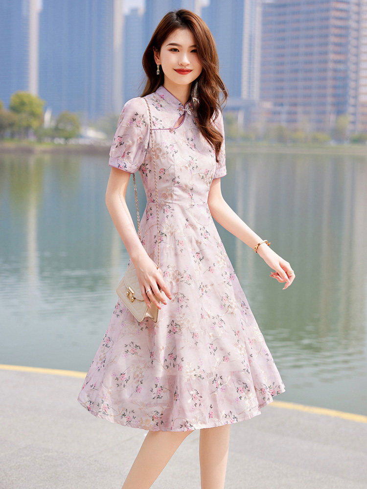 2023新款夏装女装复古立领碎花中长款减龄显瘦旗袍裙连衣裙,女装连衣裙,安之芮娜