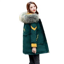 2024冬季新款字母刺绣拼接大毛领拼羽绒棉棉衣备双十一，女装派克服，凝聚力