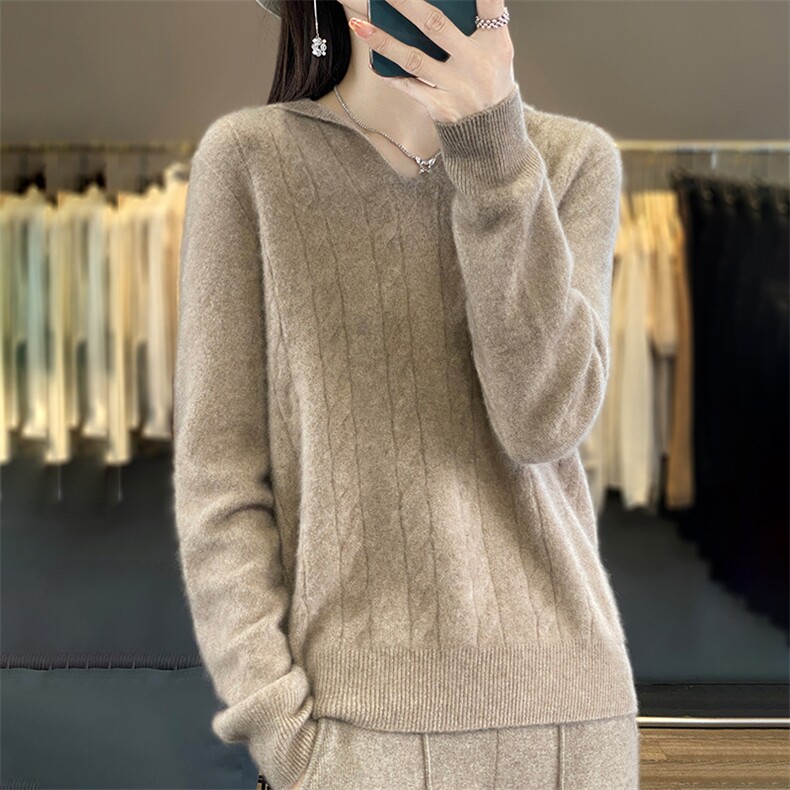 2025秋冬洋气减龄纯羊毛连帽长袖针织衫女复古麻花保暖打底衫毛衣，女装羊毛衫，暖烁羊绒