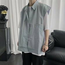 无袖衬衫男宽松港风日系ins夏季薄款外穿衬衣韩版潮流百搭C07-P28，男装衬衫，星座1008-1