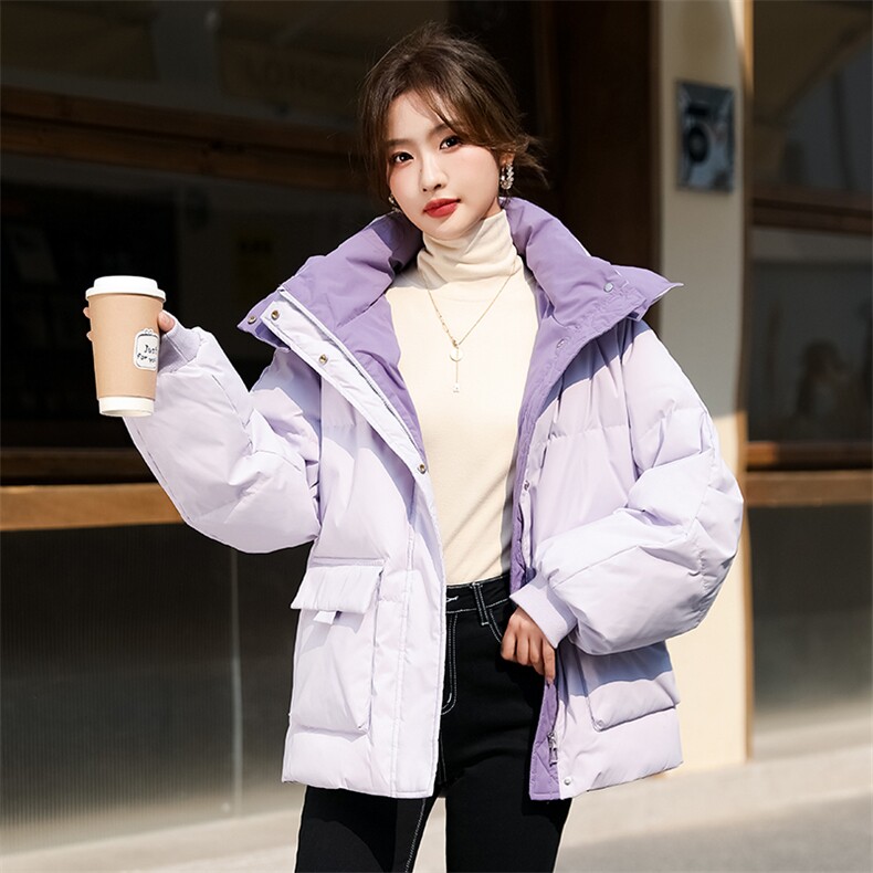 【现货】加厚冬季短款羽绒服女纯色面包服连帽撞色拼接潮,女装羽绒服,梦懿尔
