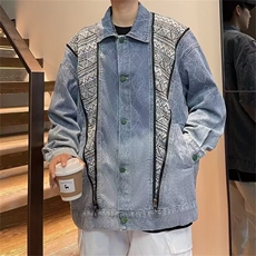 复古民族风拼色贴布口袋拉链牛仔外套女洋气时尚百搭翻领牛仔夹克，男装工装外套，星座715-4
