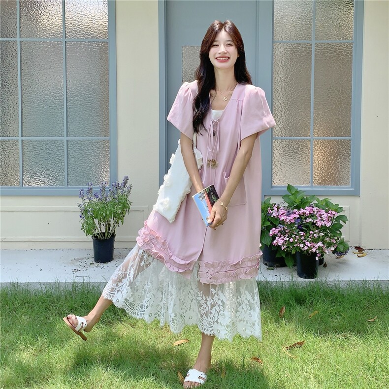法式系带衬衫叠穿蕾丝吊带裙套装女2025夏季新款甜美超好看两件套,女装套装/套裙,2C113