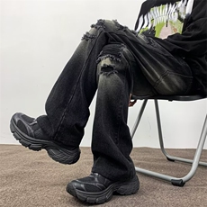 渐变水洗牛仔裤男美式高街破洞裤子夏秋季宽松阔腿长裤RM001/P55，男装牛仔裤，星座506