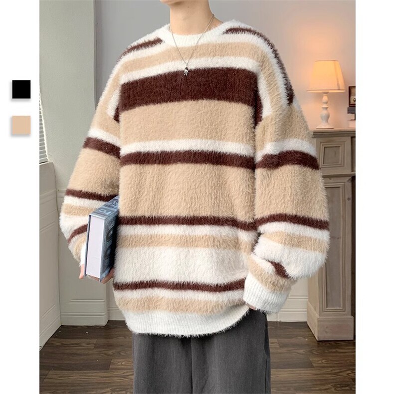 1506-1/MY141/P56软糯保暖毛衣男生宽松慵懒潮牌条纹圆领线衣,男装针织衫/毛衣,星座1506-1